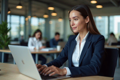 Femme professionnelle regardant des tableaux de bord cloud