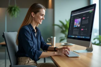 Jeune femme professionnelle construisant un site web moderne