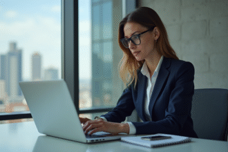 Femme d'affaires en costume dans un bureau moderne