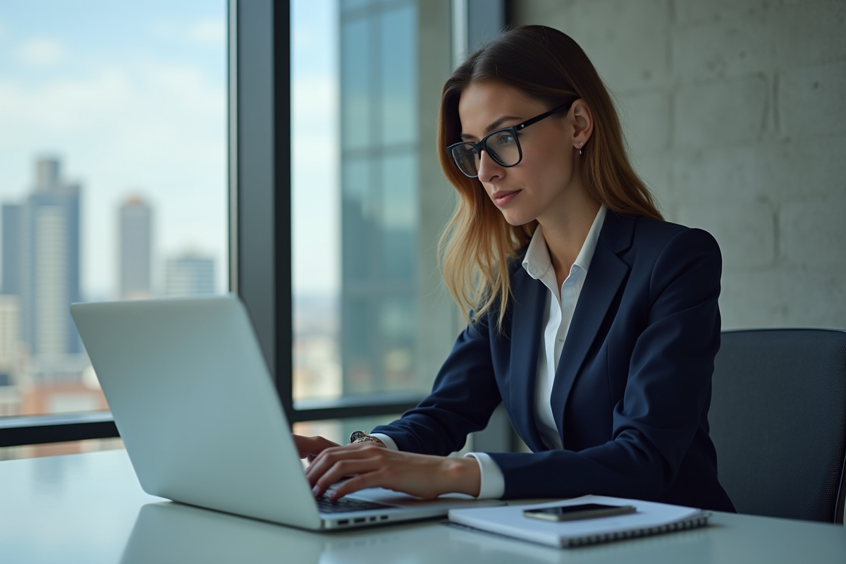 Femme d'affaires en costume dans un bureau moderne
