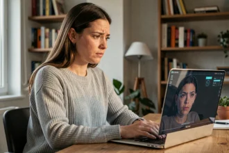 Femme inquiète devant un écran d'ordinateur affichant une interface de reconnaissance faciale avec des points de repérage sur son visage