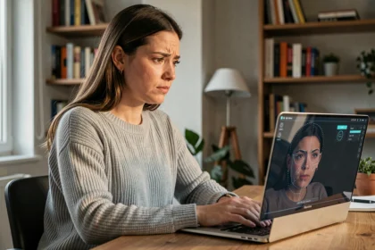 Femme inquiète devant un écran d'ordinateur affichant une interface de reconnaissance faciale avec des points de repérage sur son visage