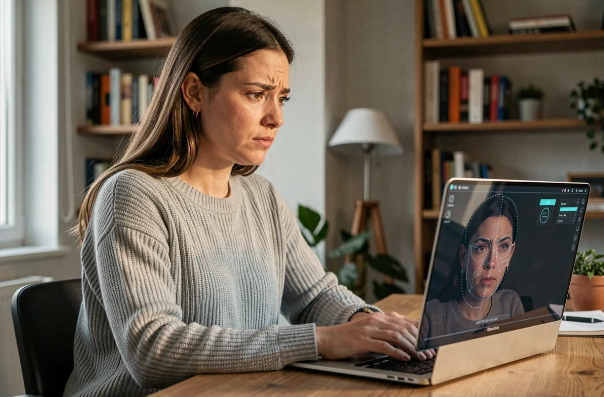 Femme inquiète devant un écran d'ordinateur affichant une interface de reconnaissance faciale avec des points de repérage sur son visage