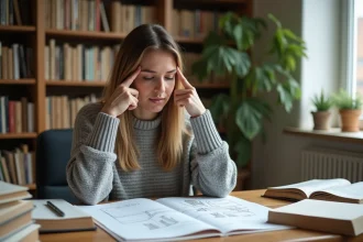 Femme réfléchissant à un concept complexe entourée de livres et de schémas dans un bureau chaleureux