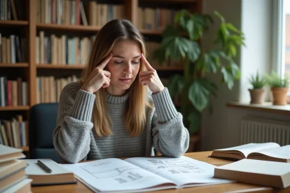 Femme réfléchissant à un concept complexe entourée de livres et de schémas dans un bureau chaleureux