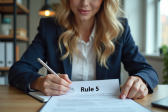 Femme en bureau examinant un document Rule 5