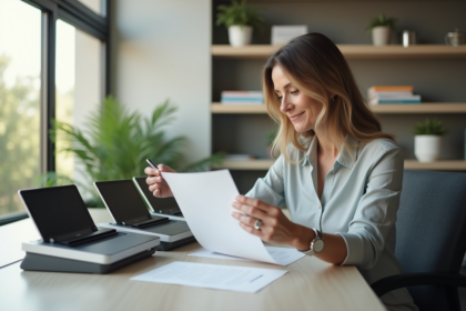 Femme d affaires compare trois scanners de bureau modernes