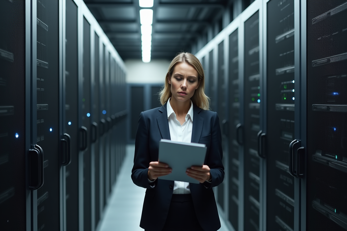 Femme inspectant un serveur dans un centre de données