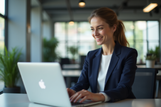 Femme en blazer navy travaillant au bureau