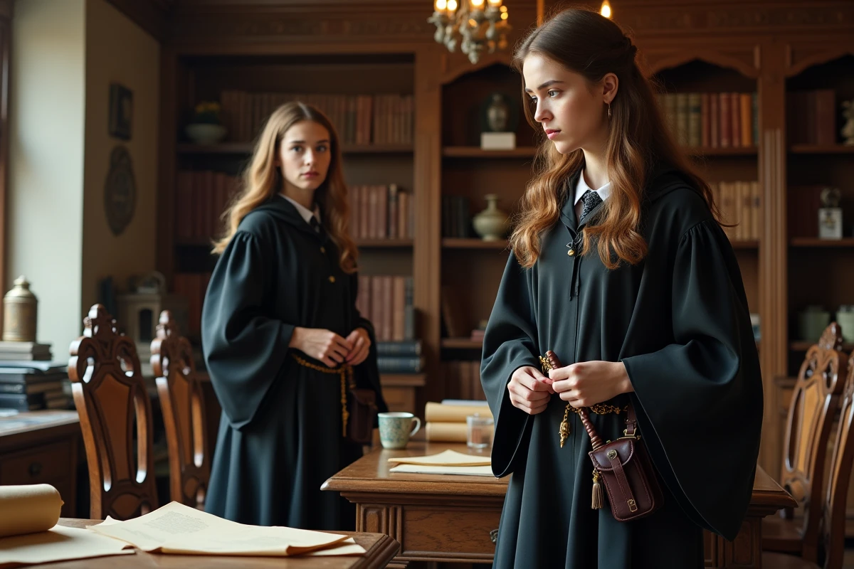 Jeune femme en robe de sorcier ajustant sa baguette dans un bureau ancien