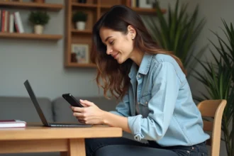 Femme utilisant son smartphone dans un intérieur cosy