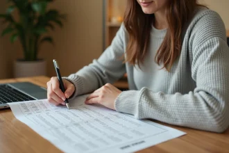 Femme consultant un tableau de conversion Go en Mo imprimé sur son bureau en bois