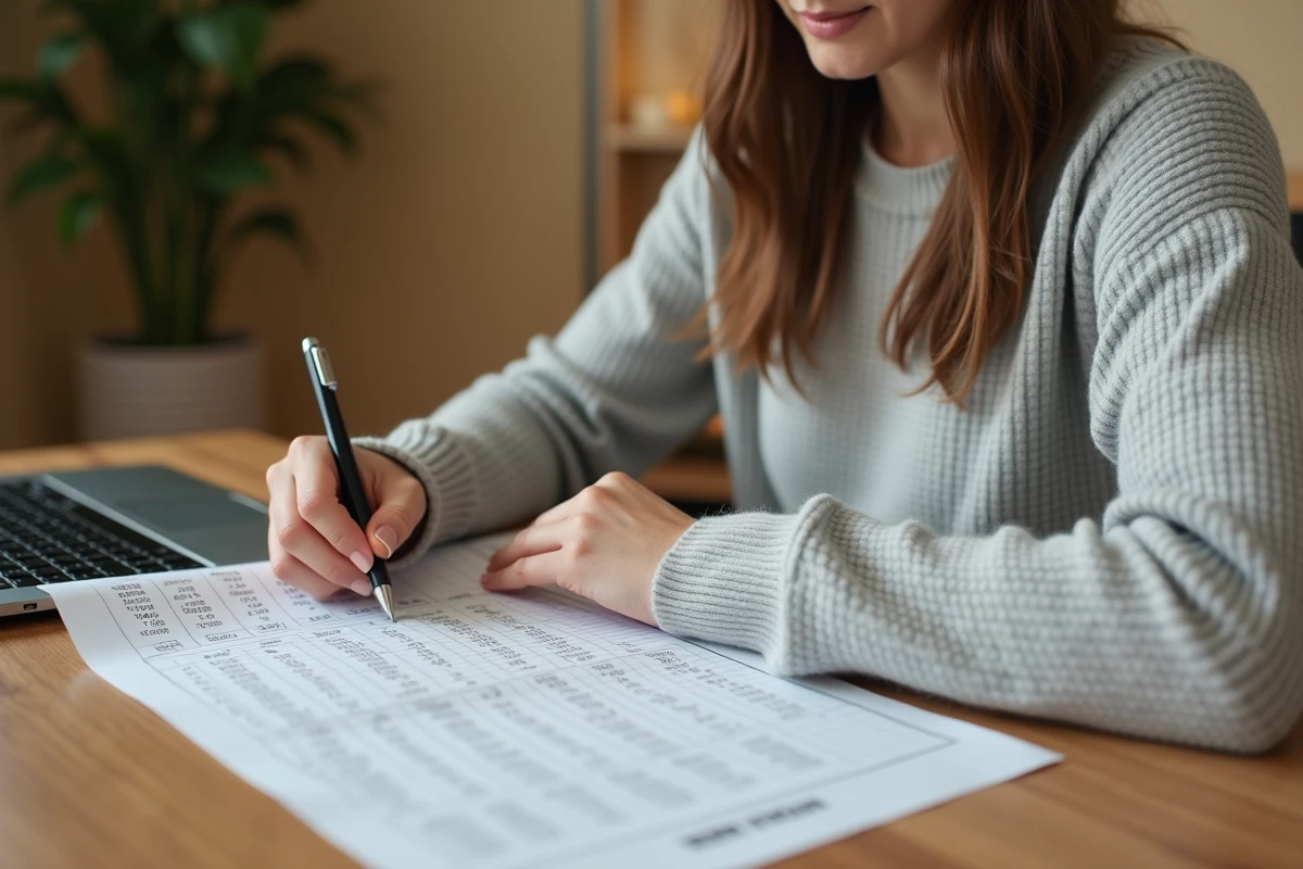 Femme consultant un tableau de conversion Go en Mo imprimé sur son bureau en bois