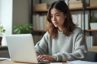 Femme utilisant un traitement de texte gratuit sur MacBook Pro dans un bureau à domicile