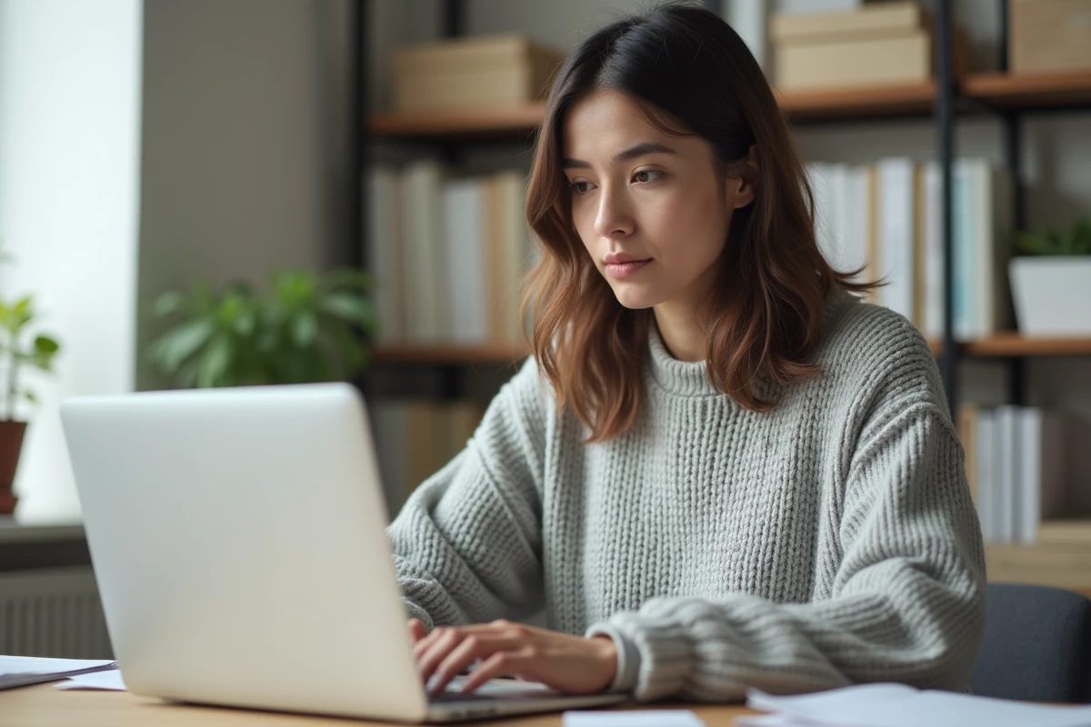 Femme utilisant un traitement de texte gratuit sur MacBook Pro dans un bureau à domicile