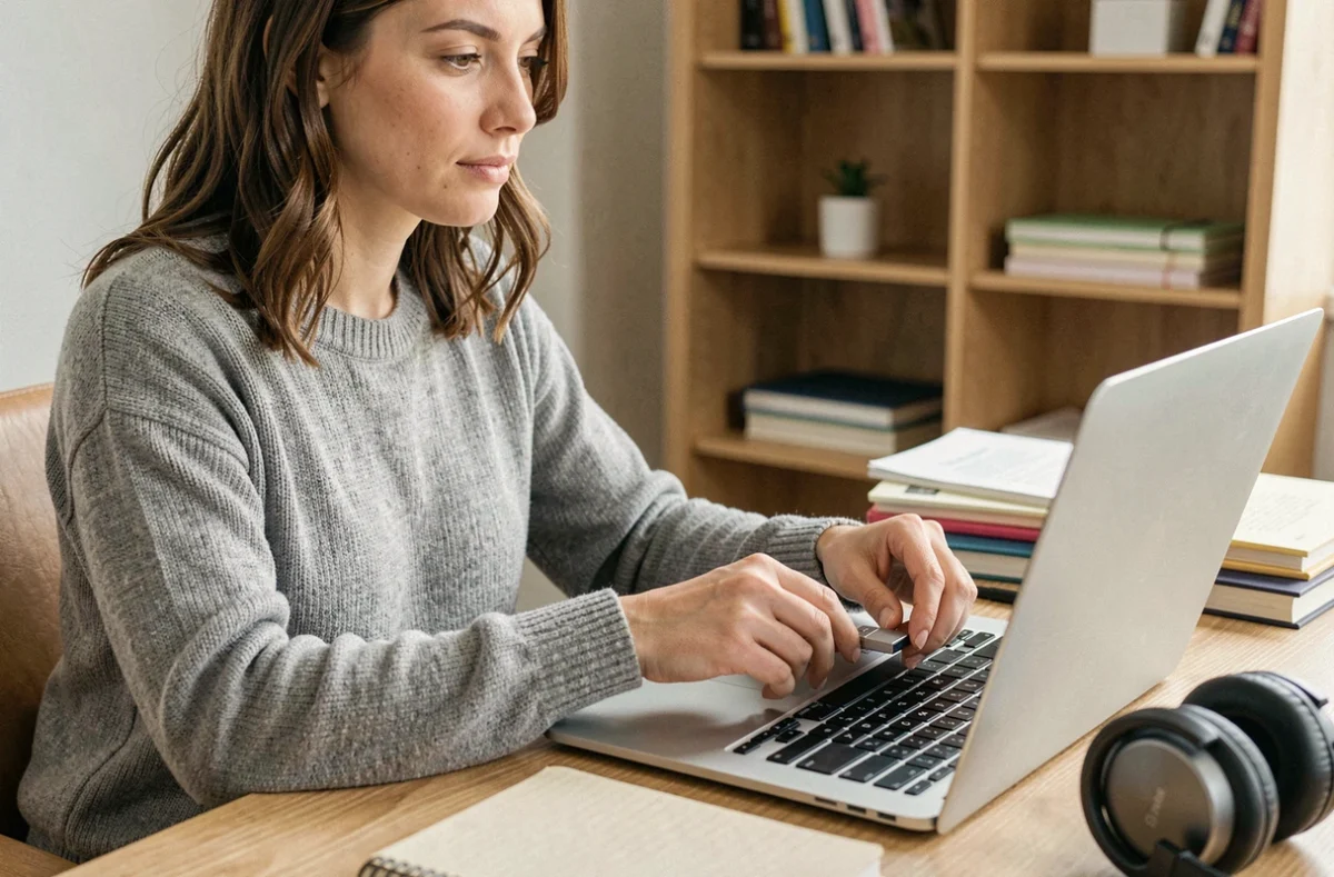 Femme insérant une clé USB dans un ordinateur portable pour transférer de la musique sans perte de qualité audio