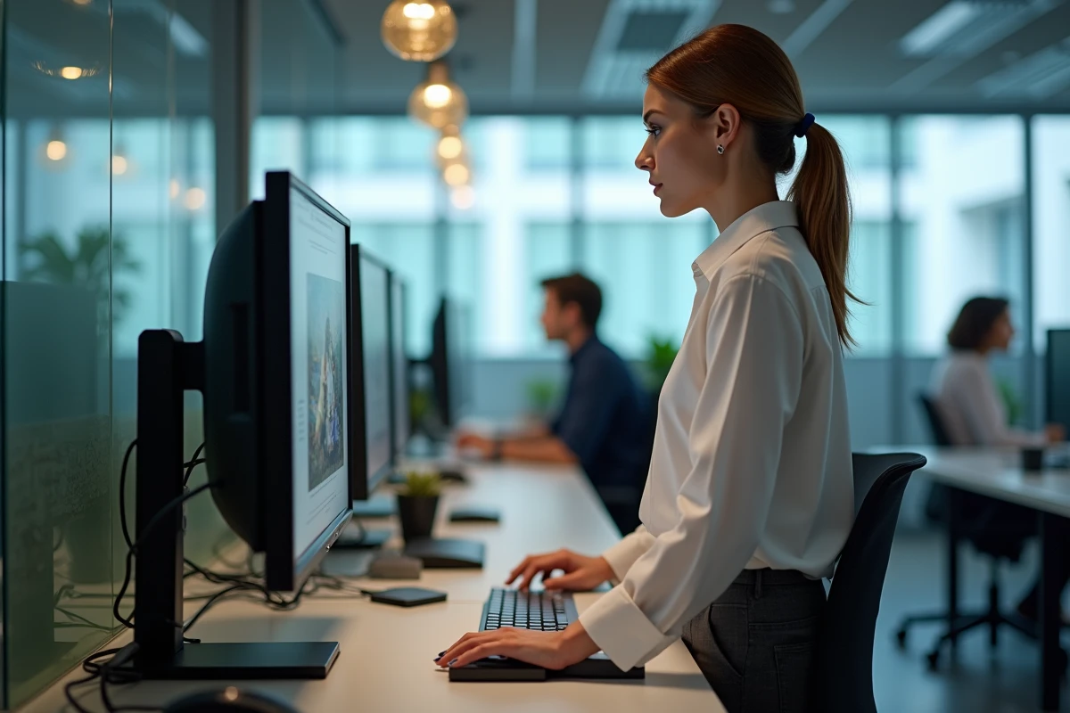 Femme professionnelle téléchargeant un gros fichier vidéo au bureau