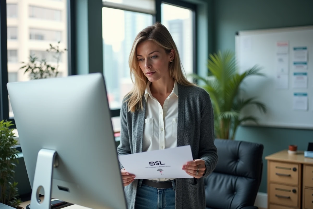 Femme vérifiant une erreur SSL sur un document papier