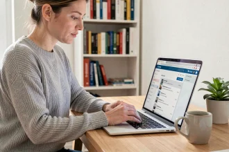 Femme consultant son webmail IONOS sur un ordinateur portable dans un bureau à domicile moderne et organisé
