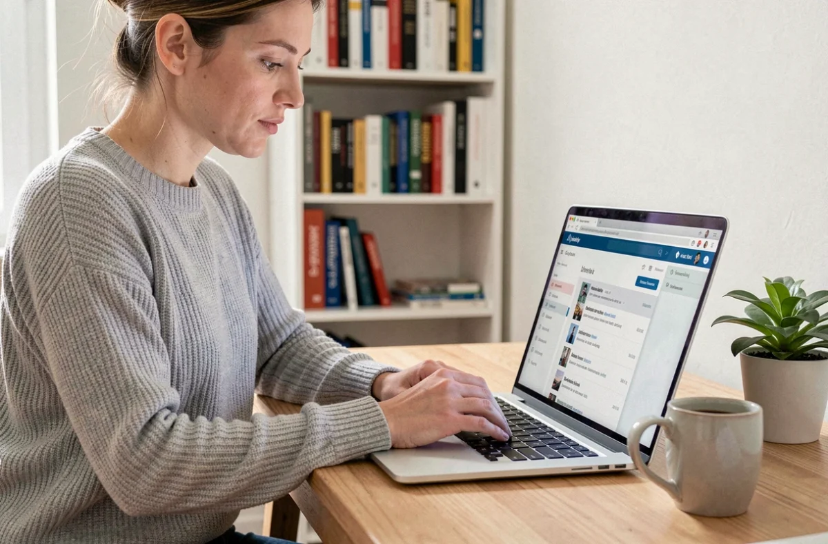 Femme consultant son webmail IONOS sur un ordinateur portable dans un bureau à domicile moderne et organisé