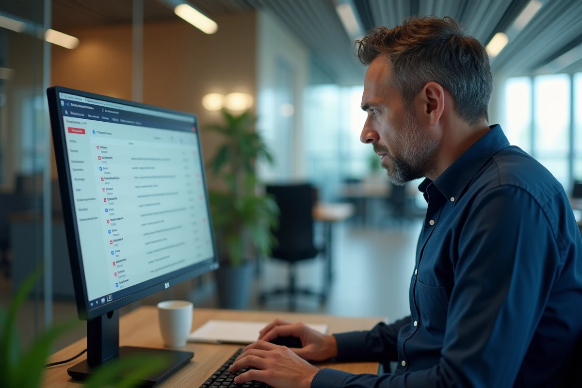 Homme gérant les filtres anti-spam de sa messagerie professionnelle sur un grand écran dans un bureau en open space, optimisation Webmel Nancy