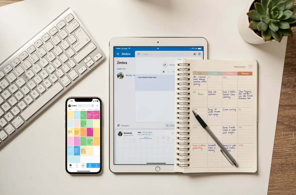 Flat-lay minimaliste montrant un smartphone avec calendrier, une tablette Zimbra et un agenda papier pour synchroniser les rendez-vous sans doublons