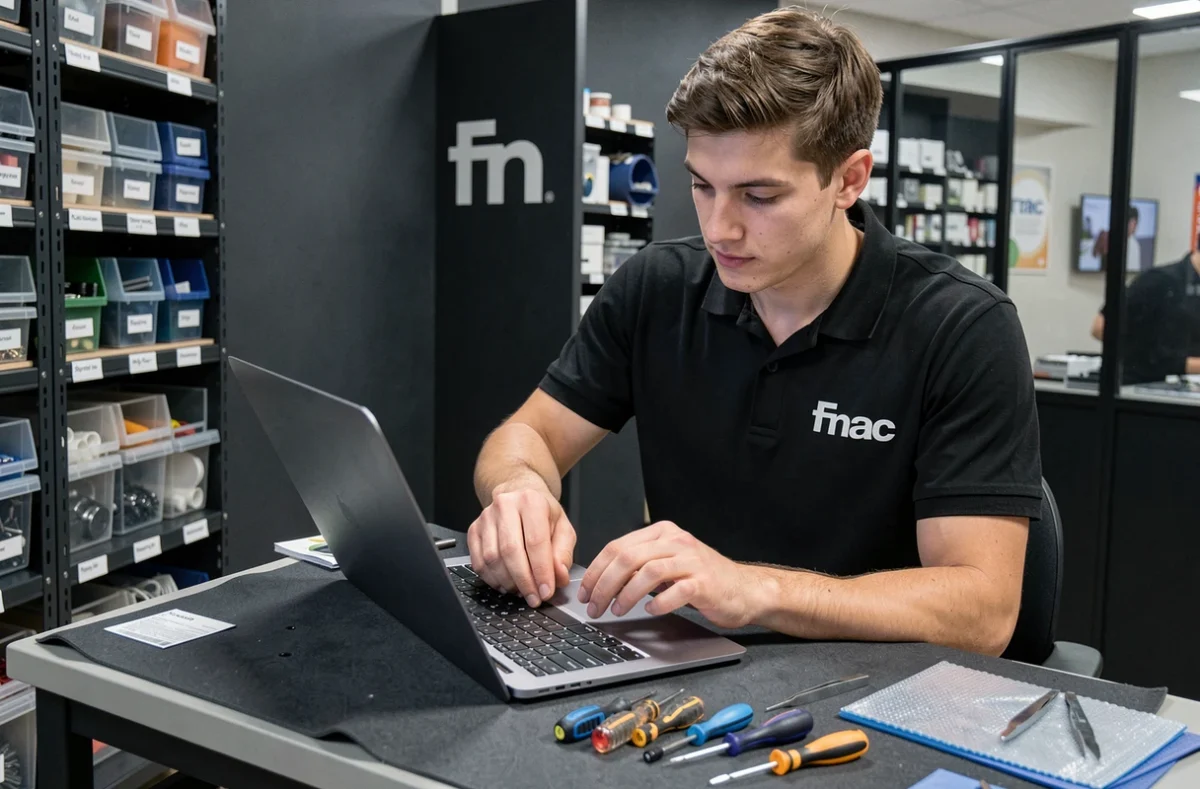 Technicien Fnac Parly 2 nettoyant le clavier d'un ordinateur portable démonté sur un établi de réparation