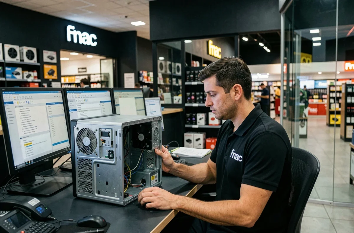 Technicien Fnac Vélizy 2 en uniforme noir effectuant un diagnostic sur un ordinateur de bureau ouvert