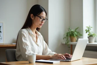 Freelance graphiste en 2026 transférant des fichiers clients depuis son bureau à domicile via un outil de transfert en ligne