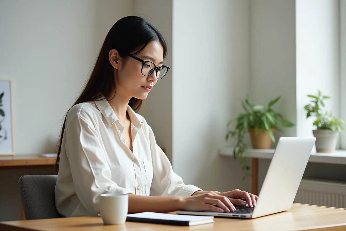 Freelance graphiste en 2026 transférant des fichiers clients depuis son bureau à domicile via un outil de transfert en ligne