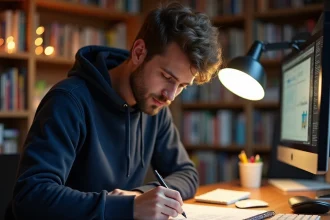 Game designer analysant un document GDD imprimé à son bureau encombré de notes et de références de conception de jeux vidéo