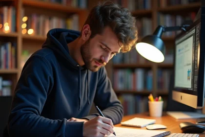 Game designer analysant un document GDD imprimé à son bureau encombré de notes et de références de conception de jeux vidéo
