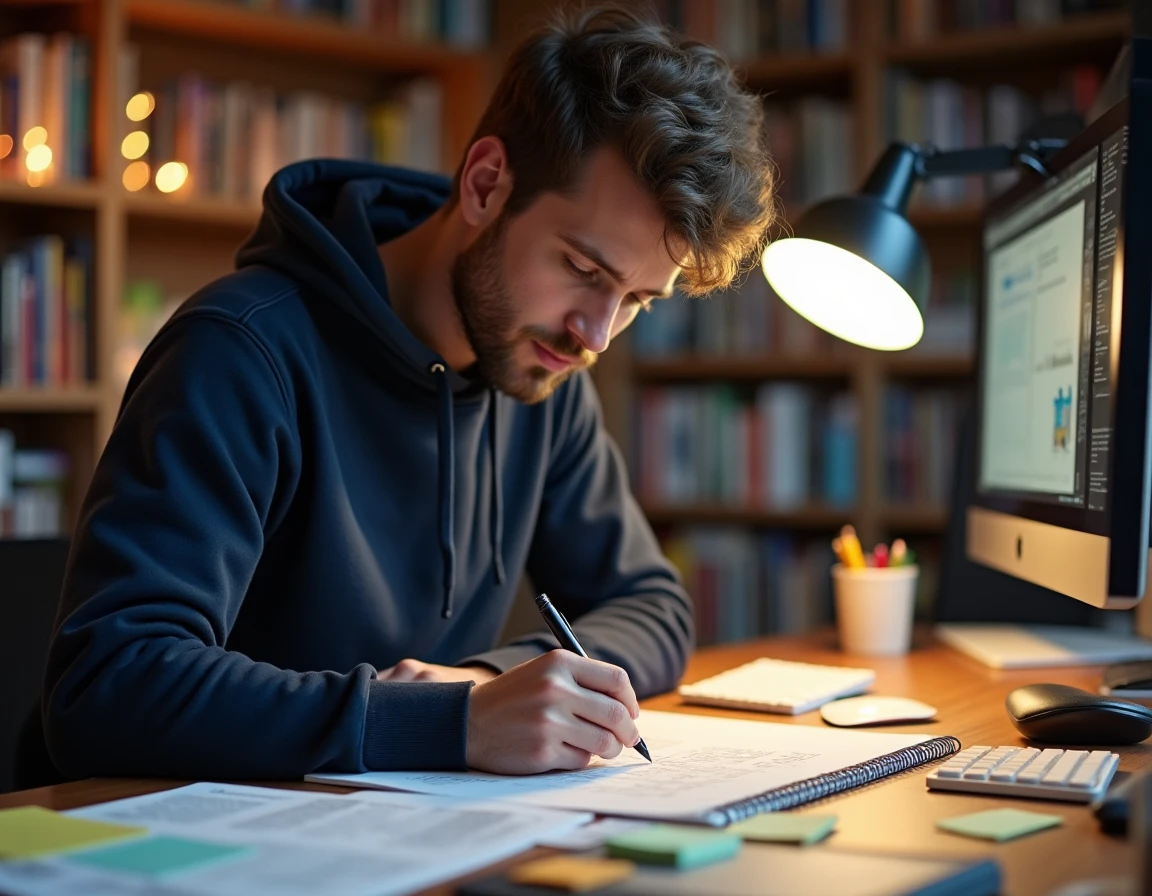 Game designer analysant un document GDD imprimé à son bureau encombré de notes et de références de conception de jeux vidéo