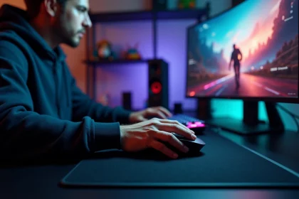 Gamer tenant une souris gaming sans fil sur un bureau gaming moderne avec écran incurvé en arrière-plan