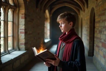Jeune garçon en uniforme scolaire britannique dans un couloir ancien