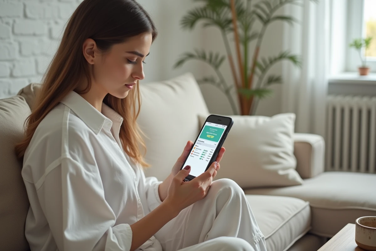 Jeune femme consultant les statistiques de stockage de sa messagerie Webmel Nancy sur smartphone depuis son salon, gestion de l'espace de stockage email
