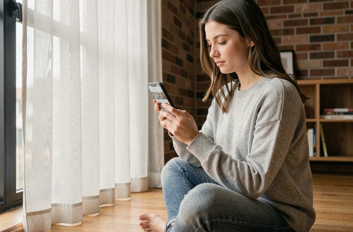 Jeune femme parcourant Google Photos hors ligne sur son smartphone dans un appartement minimaliste