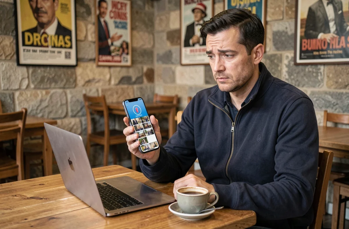 Homme consultant Google Photos sans connexion internet dans un café urbain