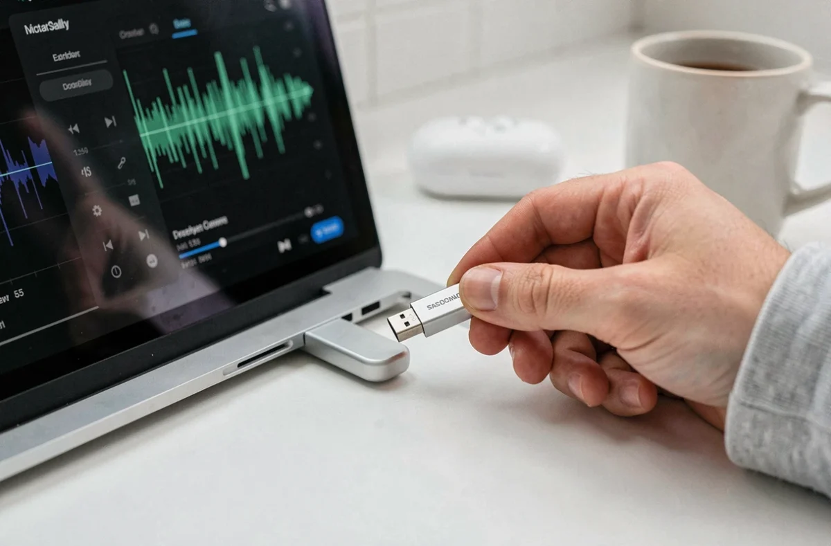 Gros plan d'une clé USB connectée à un ordinateur portable avec logiciel audio affichant des formats sans perte