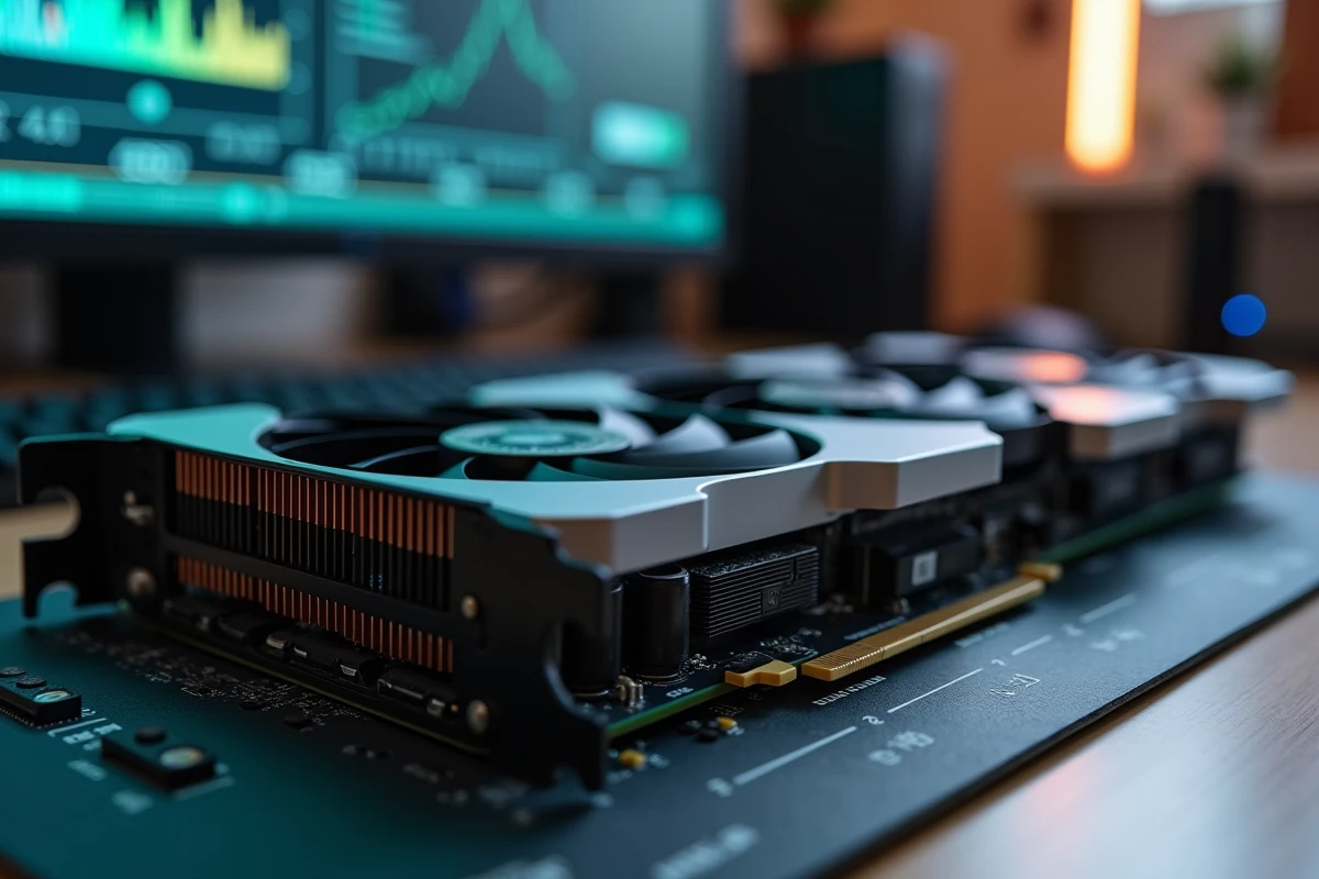Gros plan d'une carte graphique RTX haut de gamme avec dissipateur thermique et mémoire GDDR7 sur tapis antistatique de laboratoire hardware