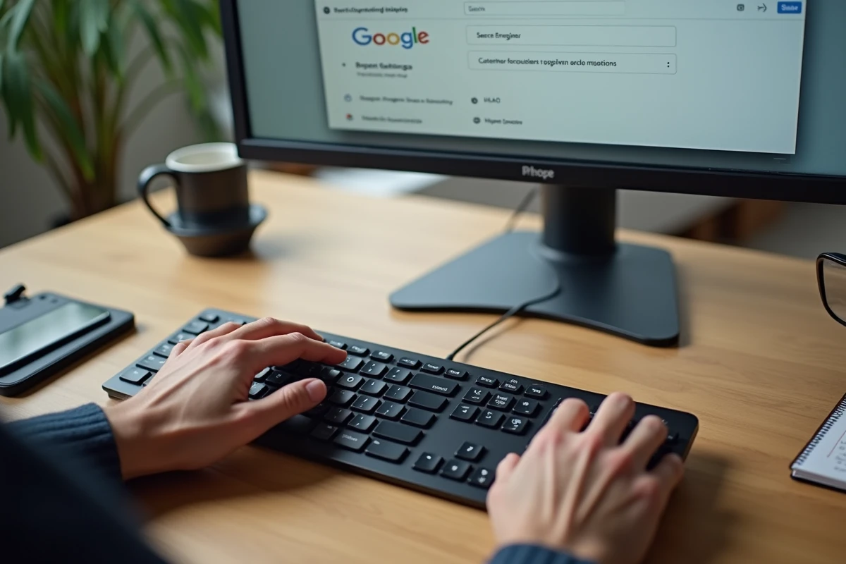 Gros plan d'une main sur un clavier et une souris pour modifier les paramètres de recherche Google dans un navigateur
