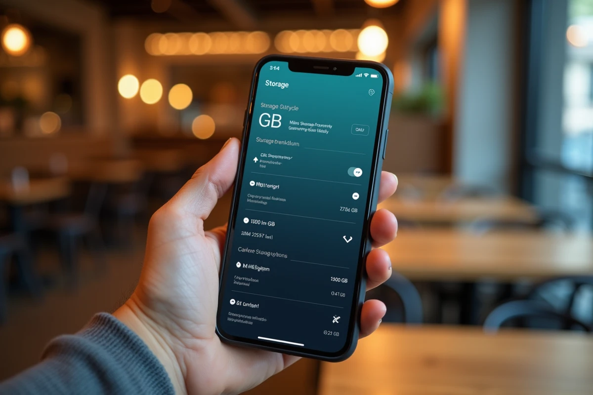 Gros plan d'un smartphone affichant une comparaison de stockage entre gigaoctets et mégaoctets avec les valeurs 1000 et 1024