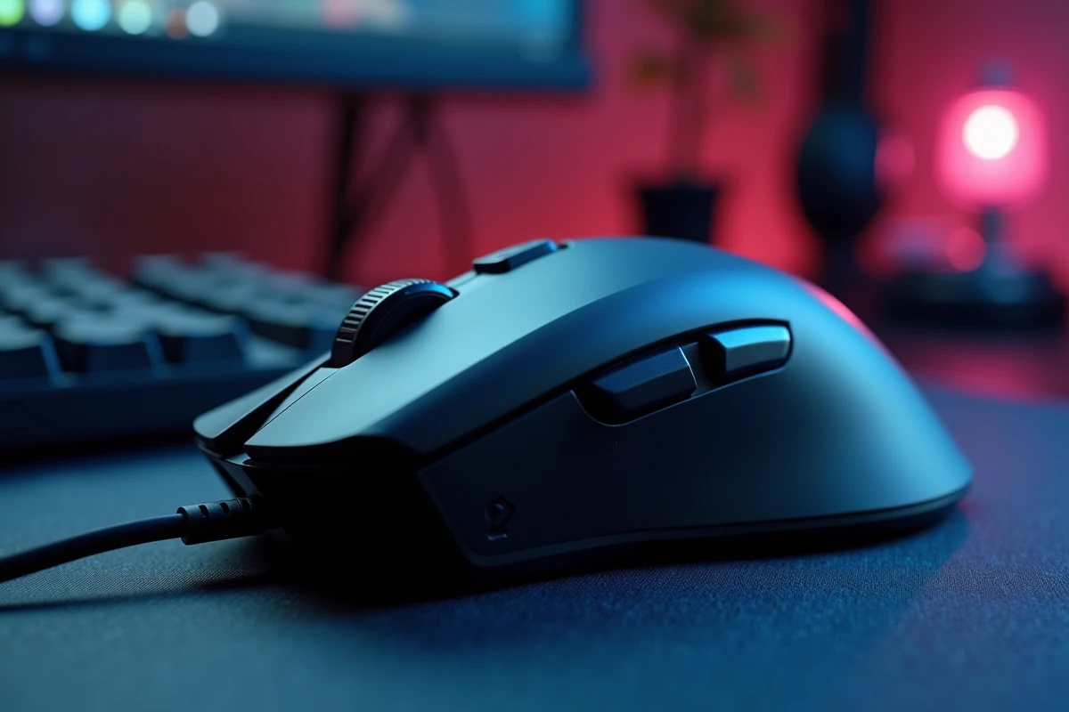 Gros plan détaillé d'une souris gaming sans fil premium sur un tapis de bureau avec dongle USB et câble de charge
