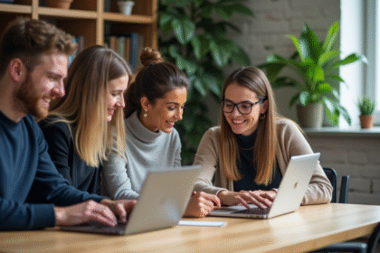 Groupe de professionnels collaborant dans un espace de coworking lumineux