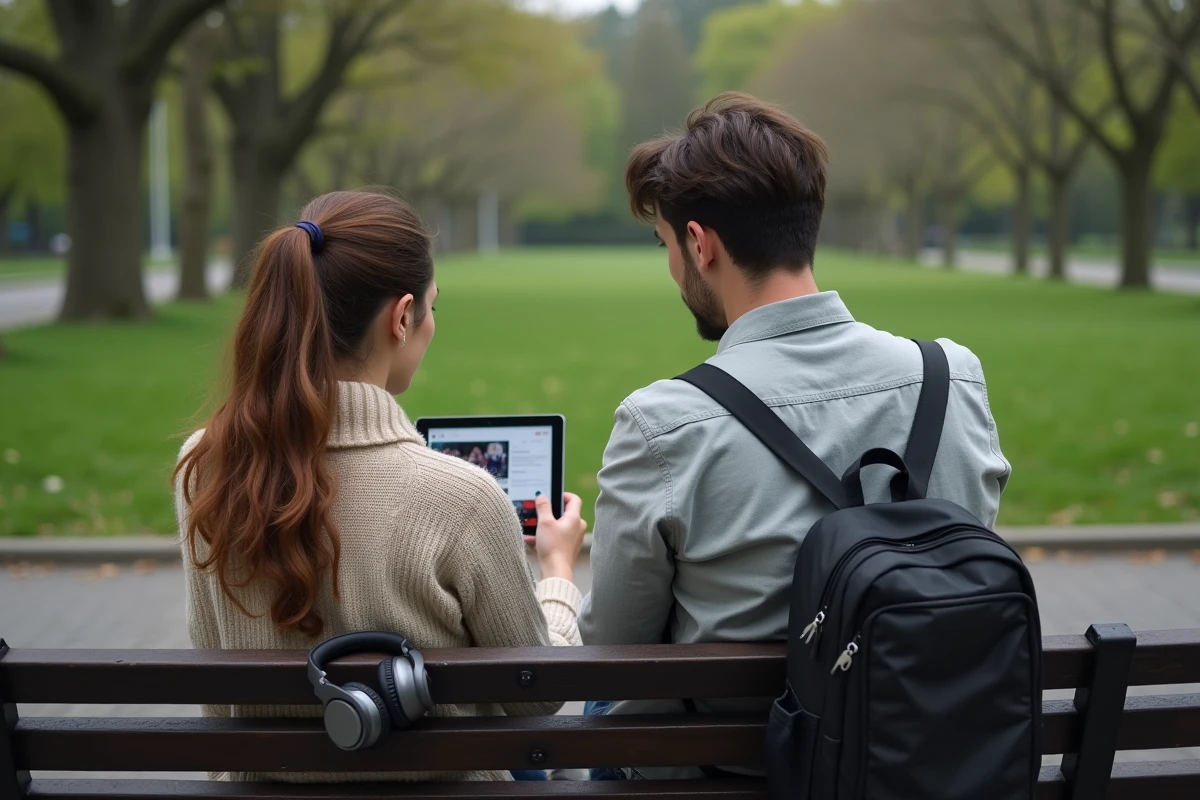 Deux amis consultant un guide de conversion YouTube MP3 sur tablette dans un parc