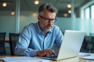 Homme d affaires au bureau vérifiant un email suspect