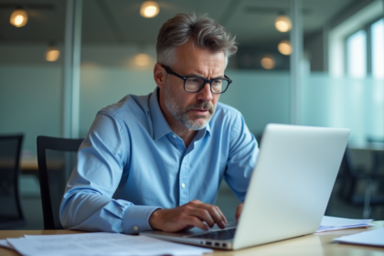 Homme d affaires au bureau vérifiant un email suspect