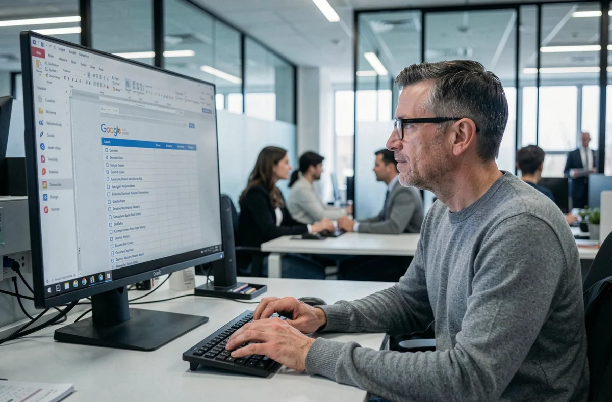 Homme en entreprise utilisant Google Docs pour créer une table des matières sur un grand écran de bureau