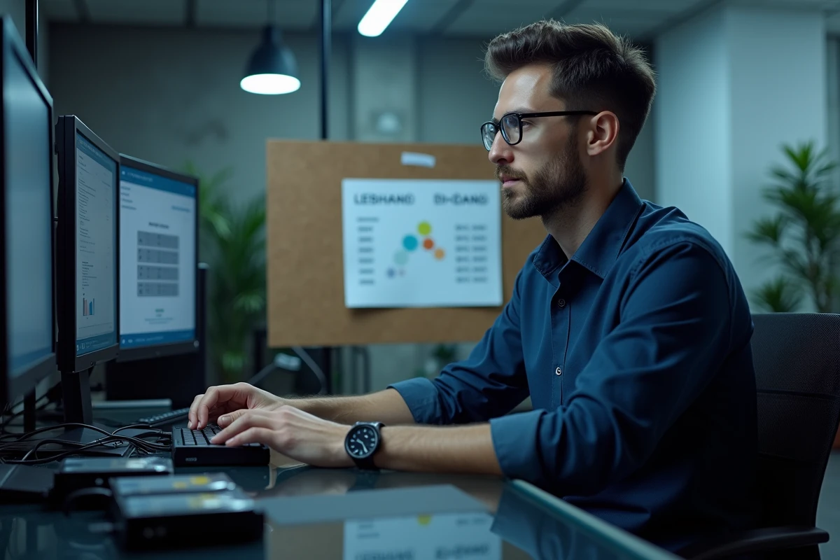 Homme dans un bureau informatique entouré de disques durs externes et d'un tableau comparatif des unités de stockage