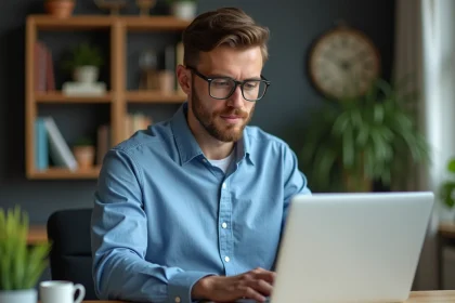 Homme en tenue décontractée utilisant un ordinateur portable pour consulter ses emails